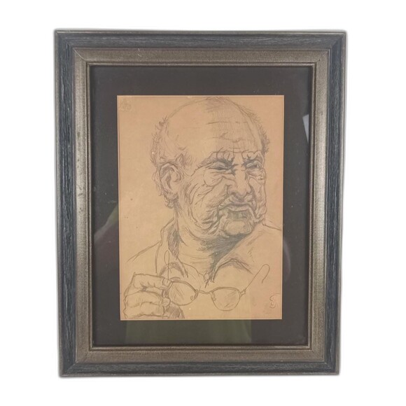 Old Man Holding His Glasses Framed Pencil Portrait Unknown Artist - Picture 1 of 10